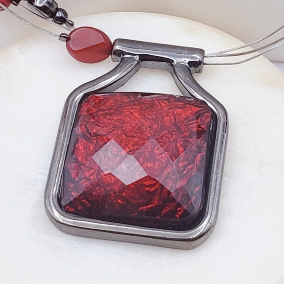 Ruby Red Gem Pendant with Ruby and Gunmetal Floating Beads Necklace - Picture 7 of 8